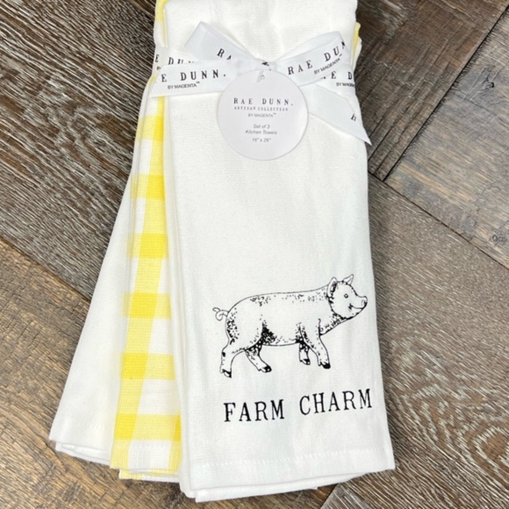 Rae Dunn - ‘Pretty Pig’ dish towels (3). NWT.